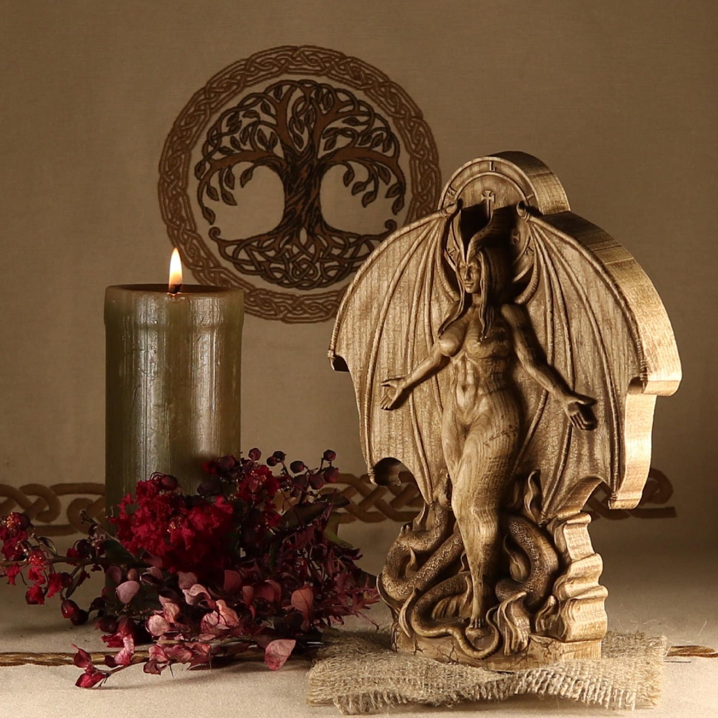 Lilith, Hell Goddess statue, Wiccan altar kit, Wood carving