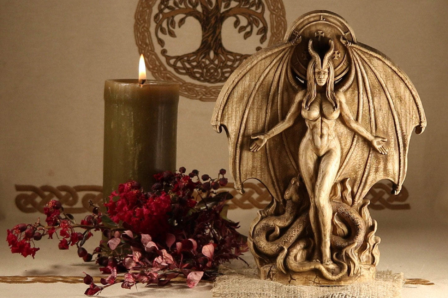 Lilith, Hell Goddess statue, Wiccan altar kit, Wood carving