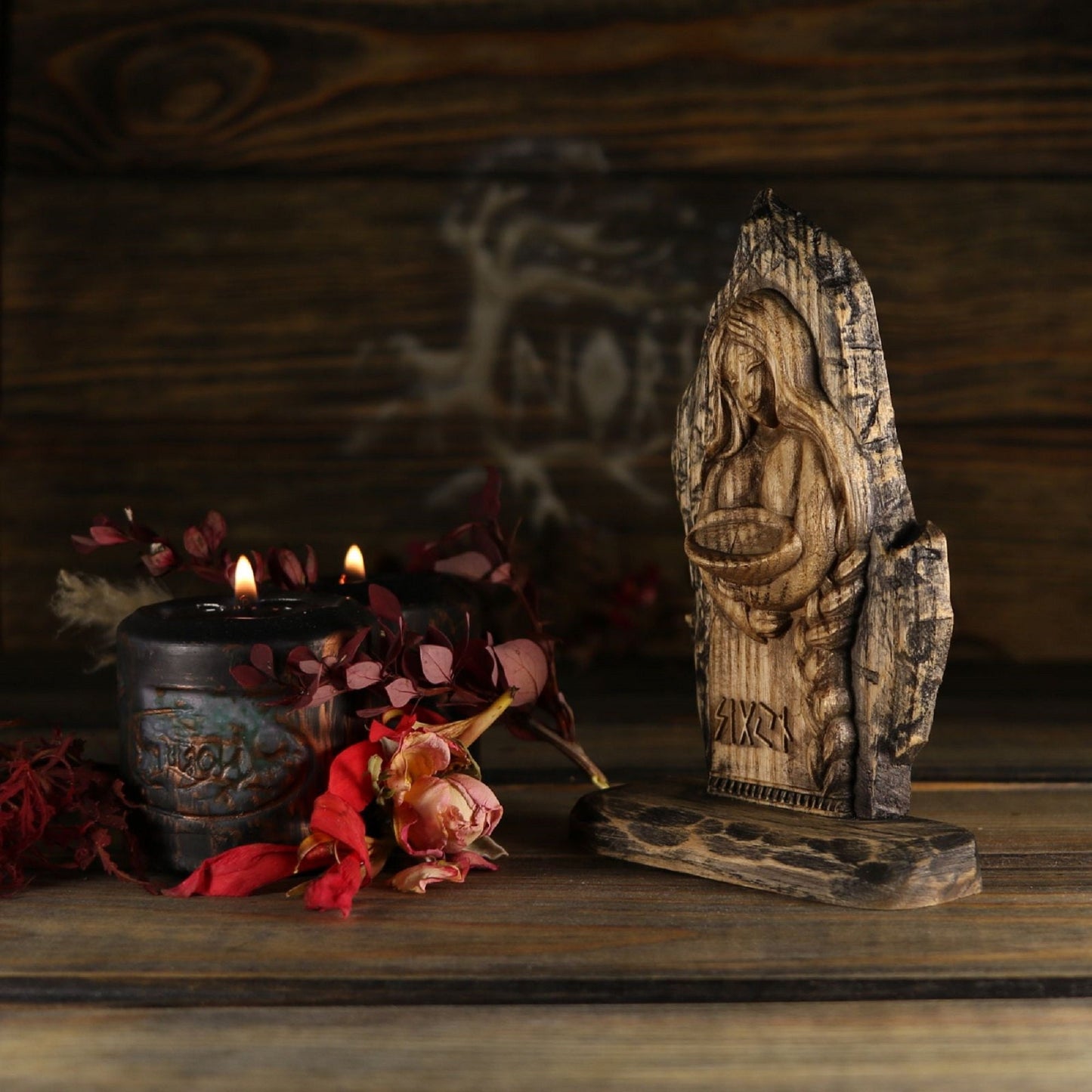 Sigyn, Wooden mini figurine, Wood carving Wood sculpture