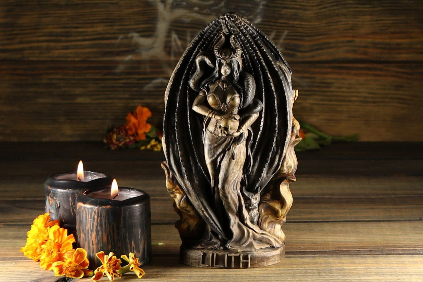 Wooden Lilith Statue - Mother of Demons Sculpture