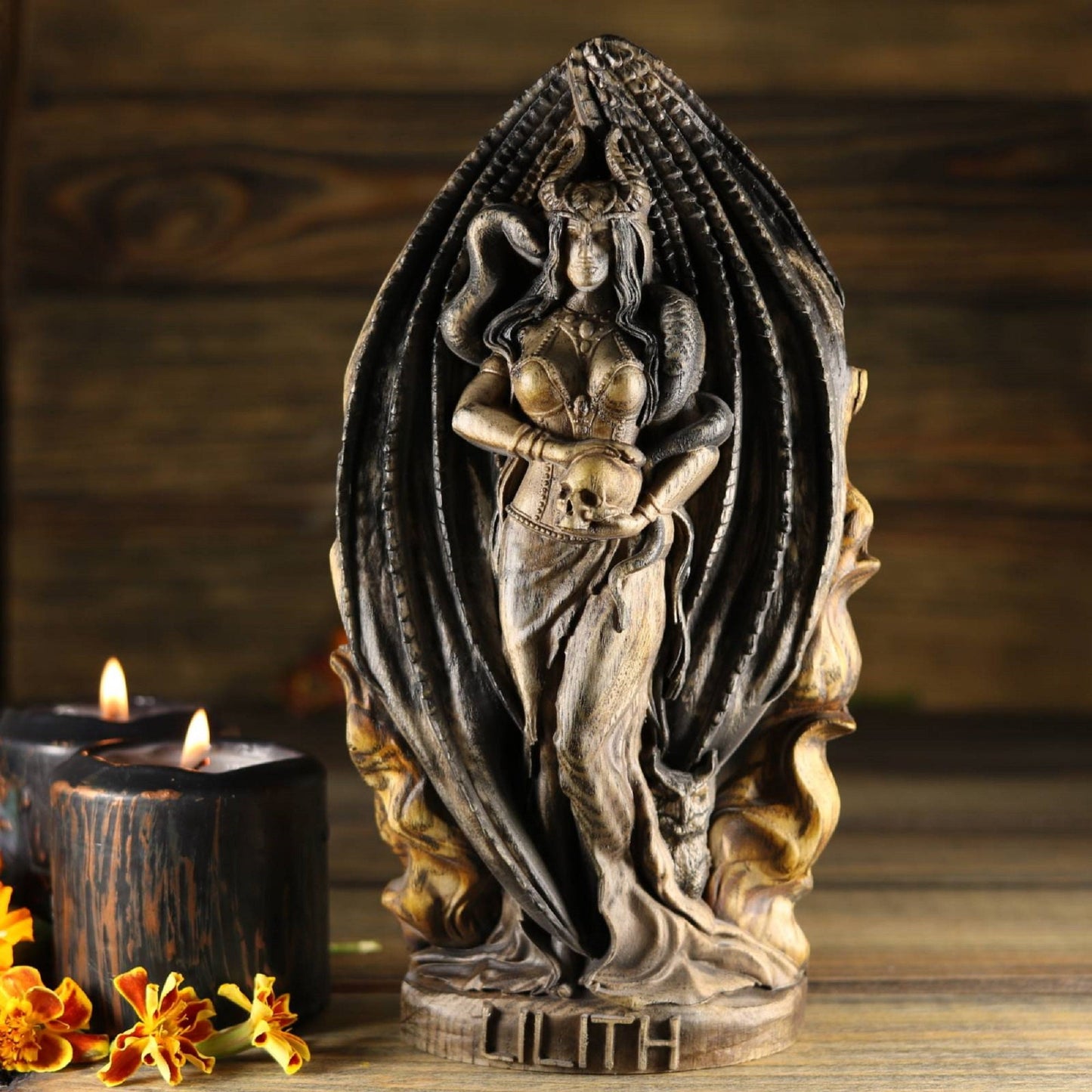 Wooden Lilith Statue - Mother of Demons Sculpture