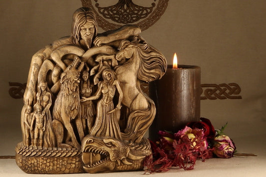 Wooden Loki's Family Statue - Norse Mythology Sculpture