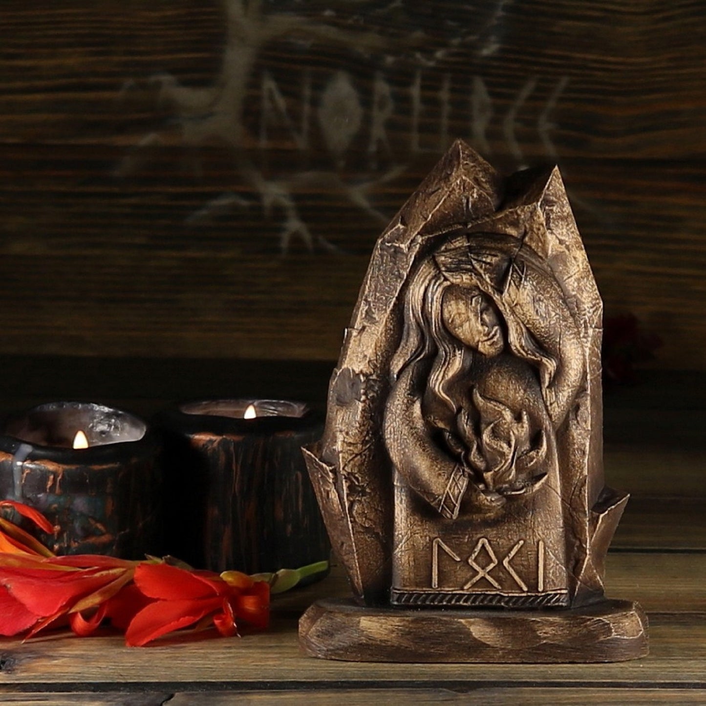 The Viking God Loki Wooden Mini Altar Statue
