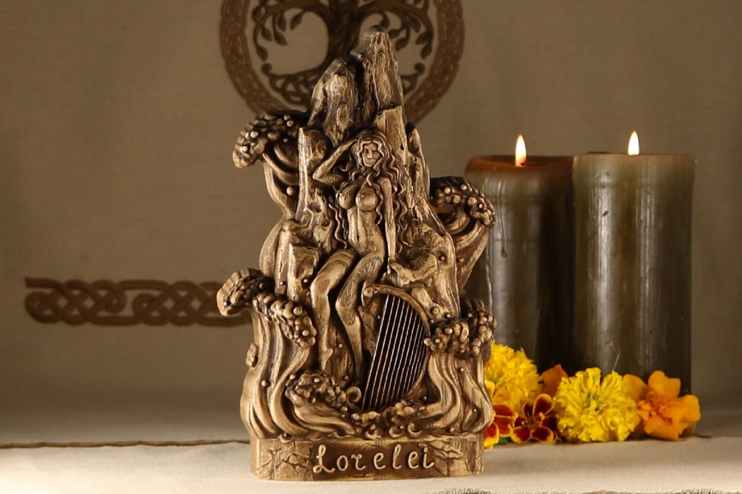 Lorelei , Loreley Nymph, Goddess statue, Wicca statue, Wooden statue