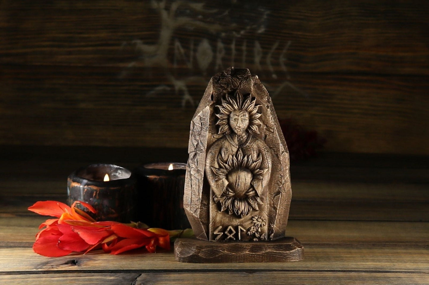 Wooden Norse Pagan Mini Statue of Sol for Altar