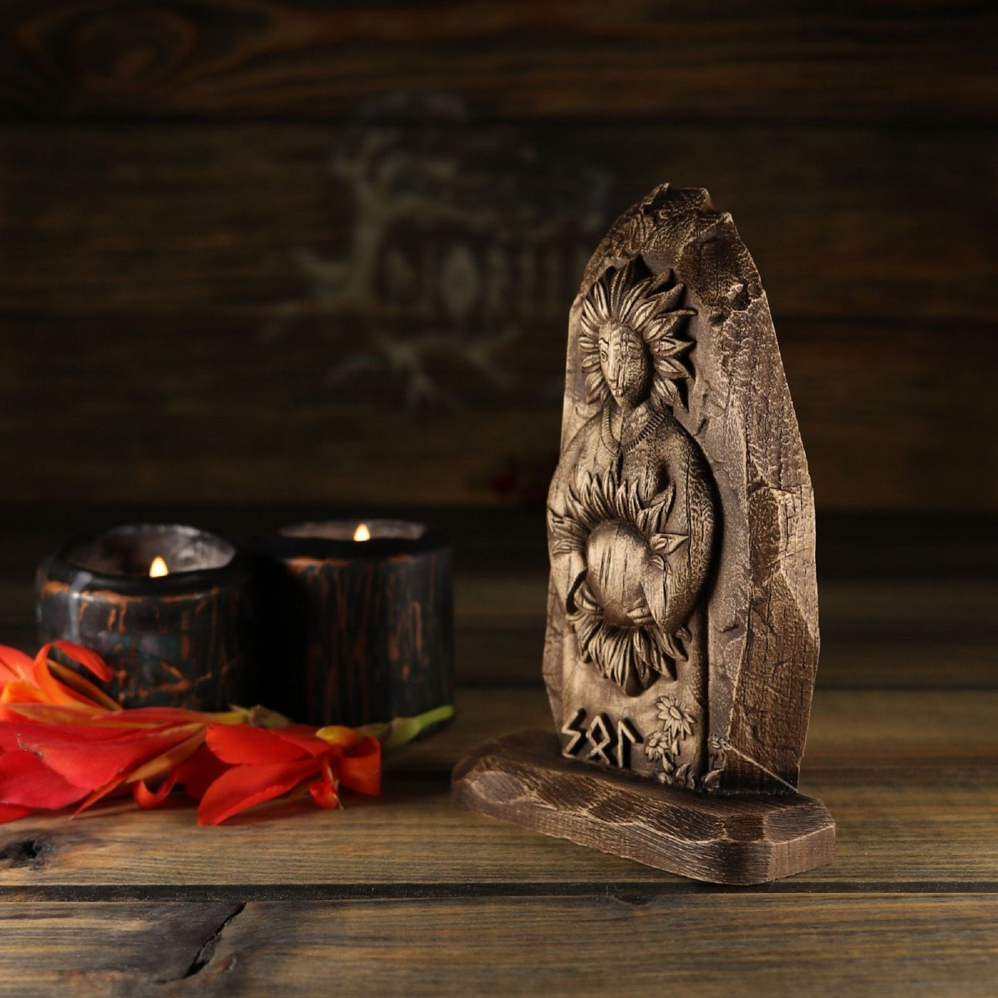 Wooden Norse Pagan Mini Statue of Sol for Altar