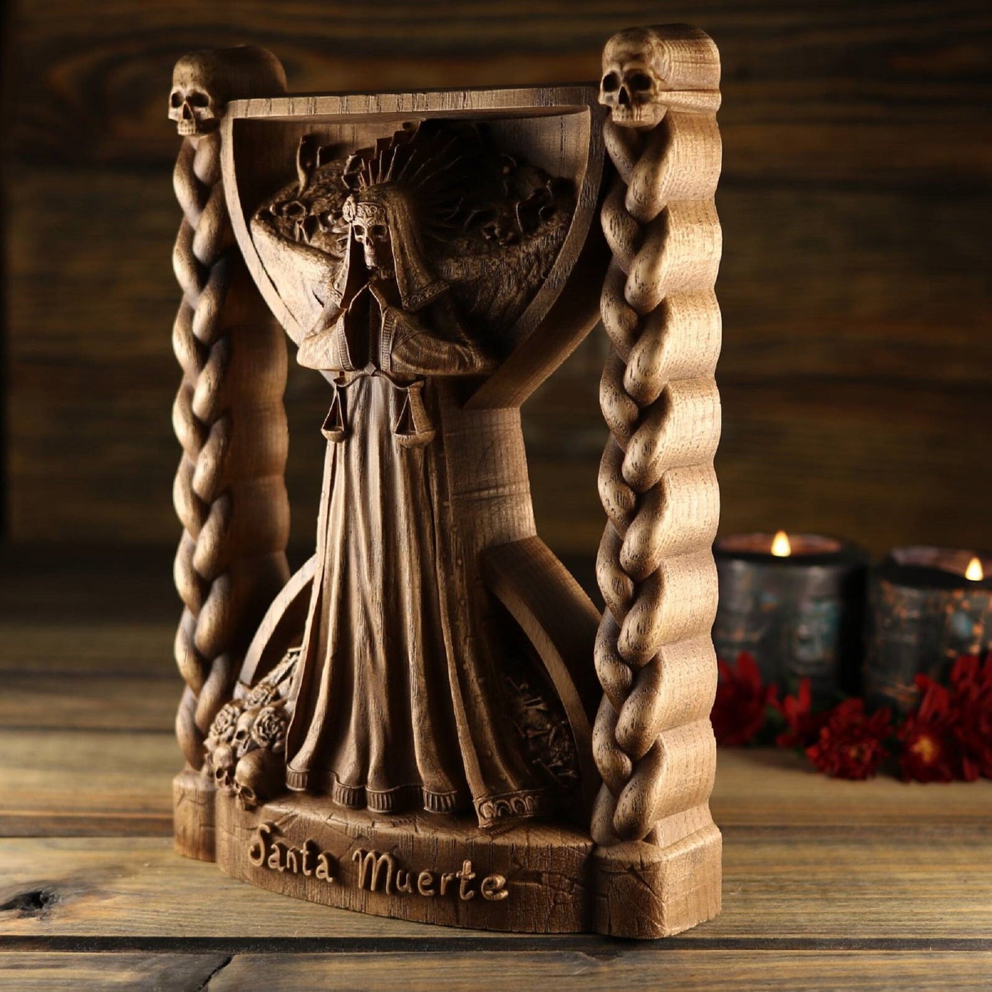 Santa Muerte, Holy death, Satanic Death wooden statue, Wood carving