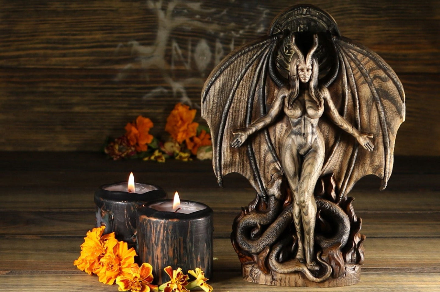 Lilith, Hell Goddess statue, Wiccan altar kit, Wood carving