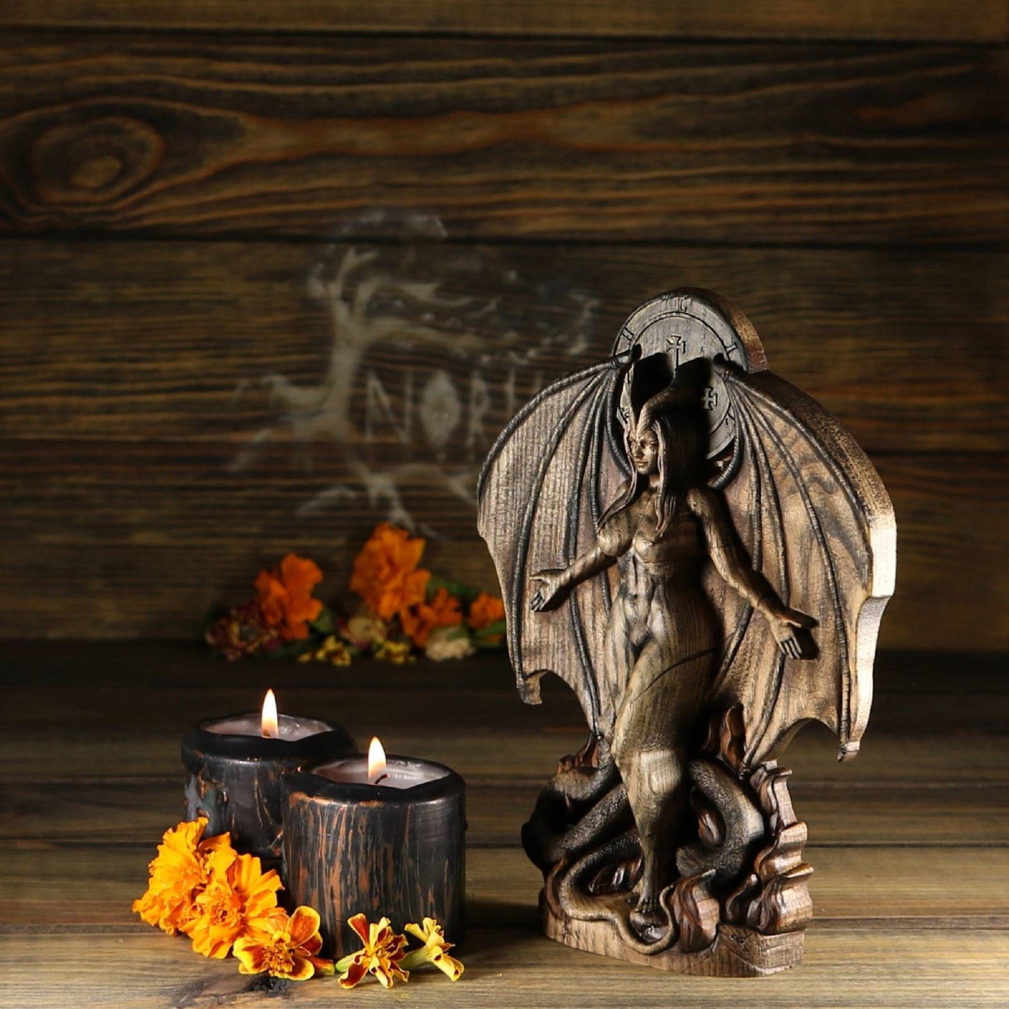 Lilith, Hell Goddess statue, Wiccan altar kit, Wood carving