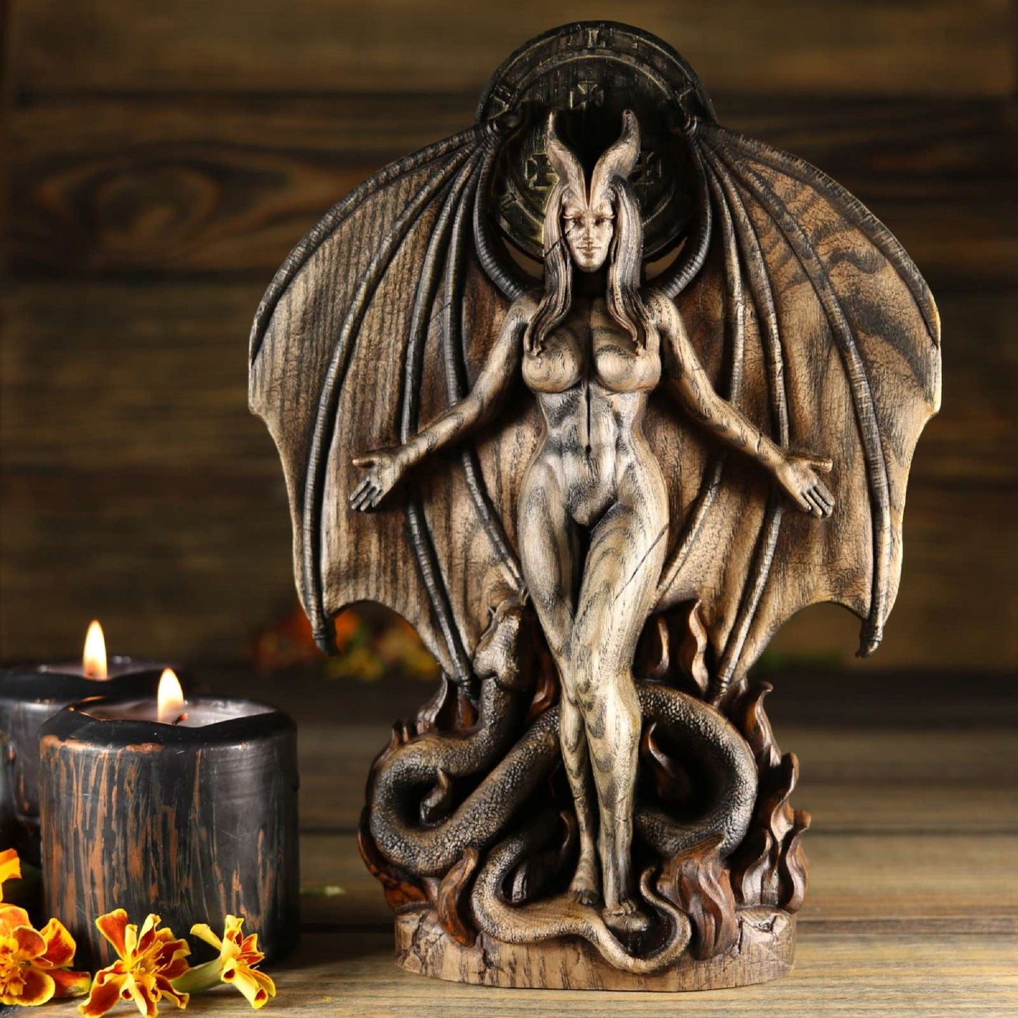 Lilith, Hell Goddess statue, Wiccan altar kit, Wood carving