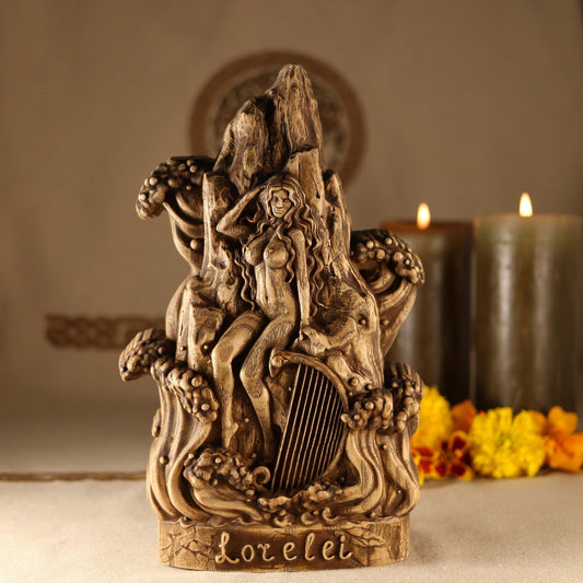Lorelei Wooden Statue – Mythological Nymph of the Rhine Hand-Carved Wooden Goddess Sculpture Folklore & Fantasy Decor