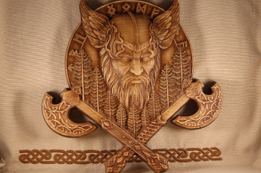 Odin with Ravens and Wolves Replica Wood Carving Viking Decor Oak Pendant  Wall Hanging Norse Vikings Wall Woodwork Viking Carving