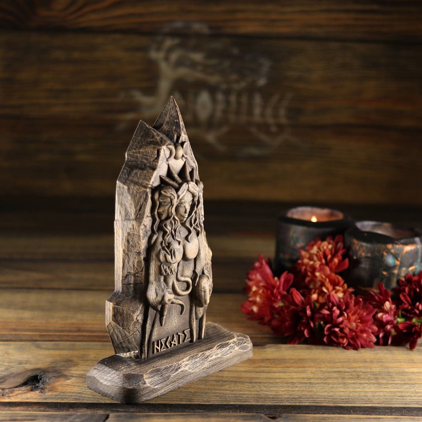 Hecate, Triple goddess statue mini altar, Wooden statue