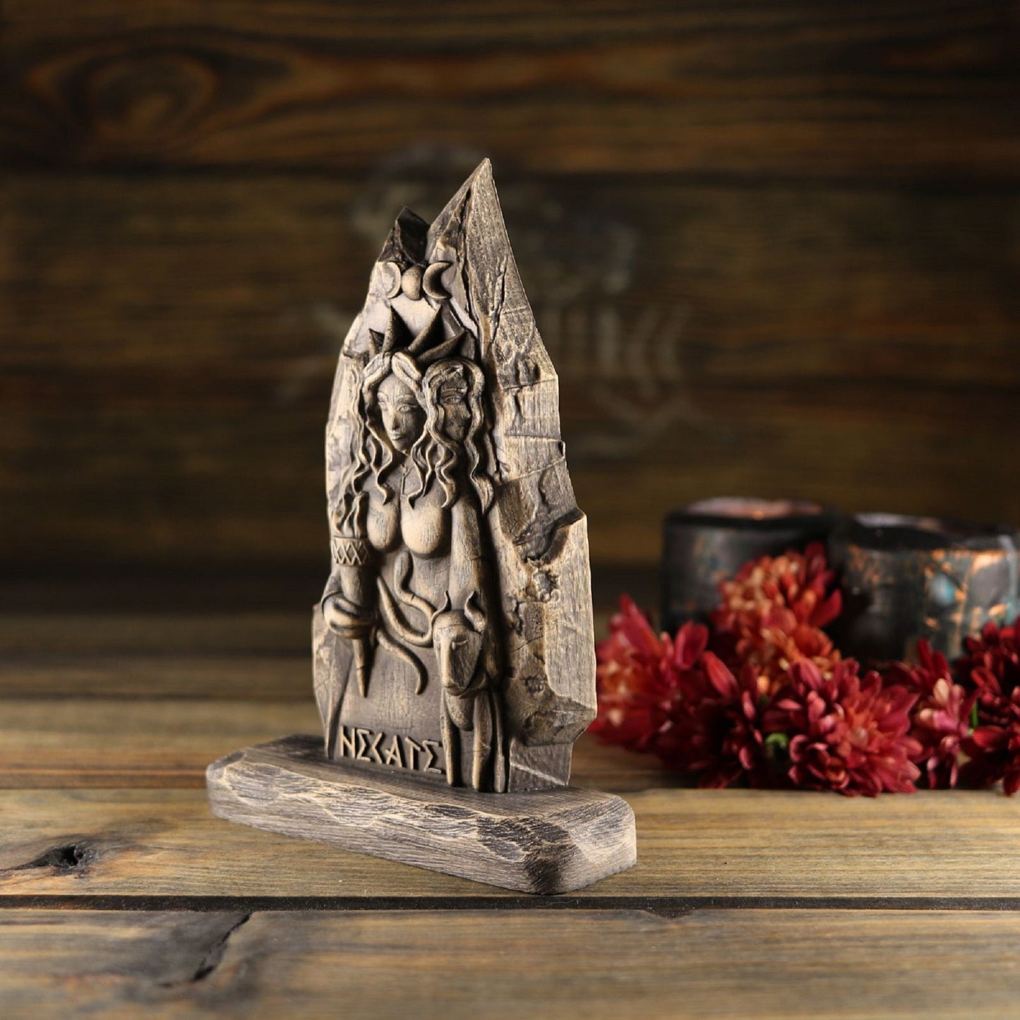 Hecate, Triple goddess statue mini altar, Wooden statue