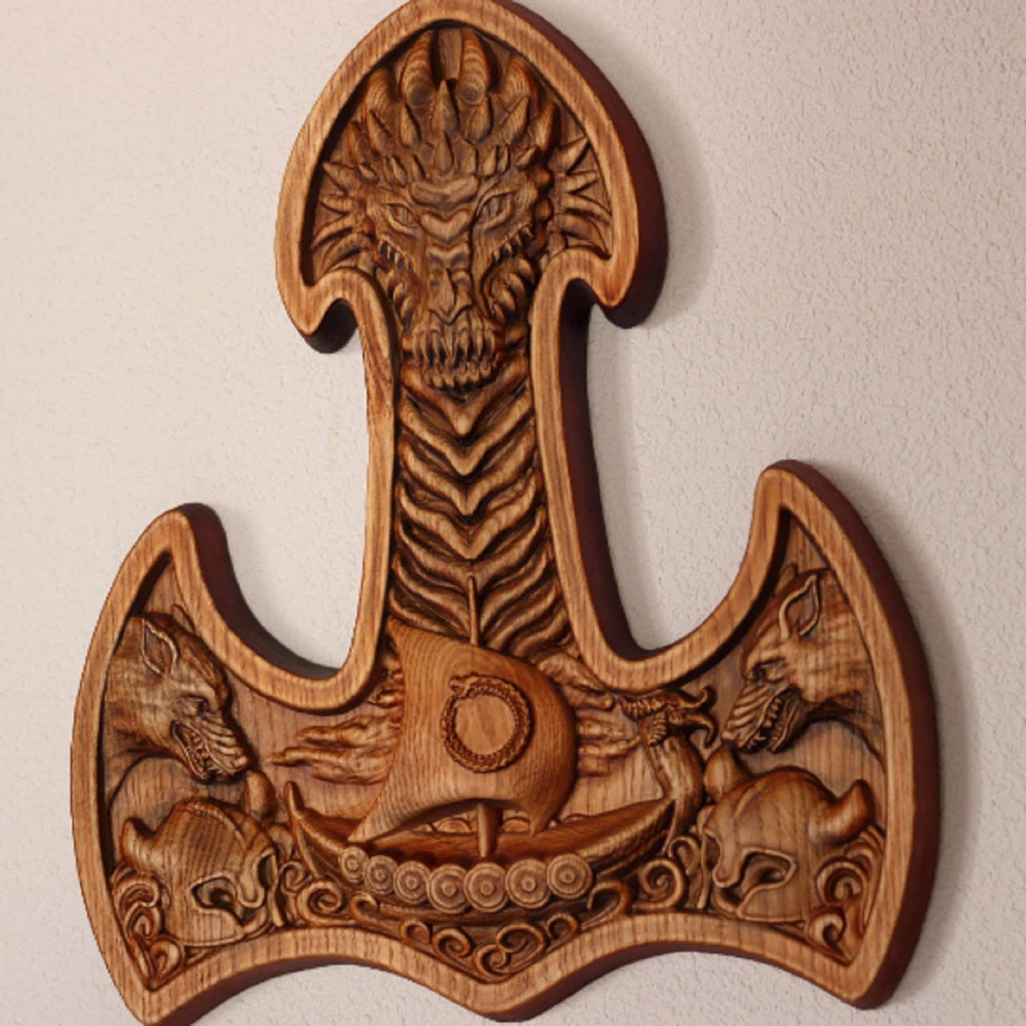 Thors hammer, Mjolnir, Wood carving, Viking decor