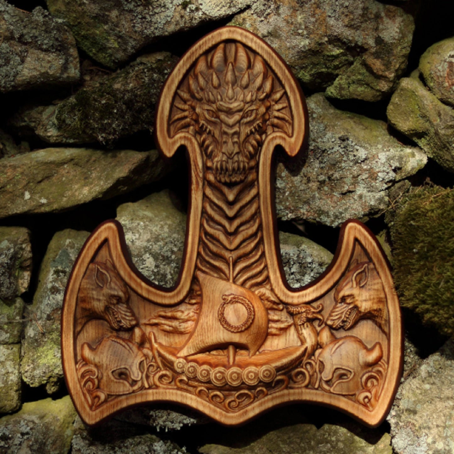 Thors hammer, Mjolnir, Wood carving, Viking decor