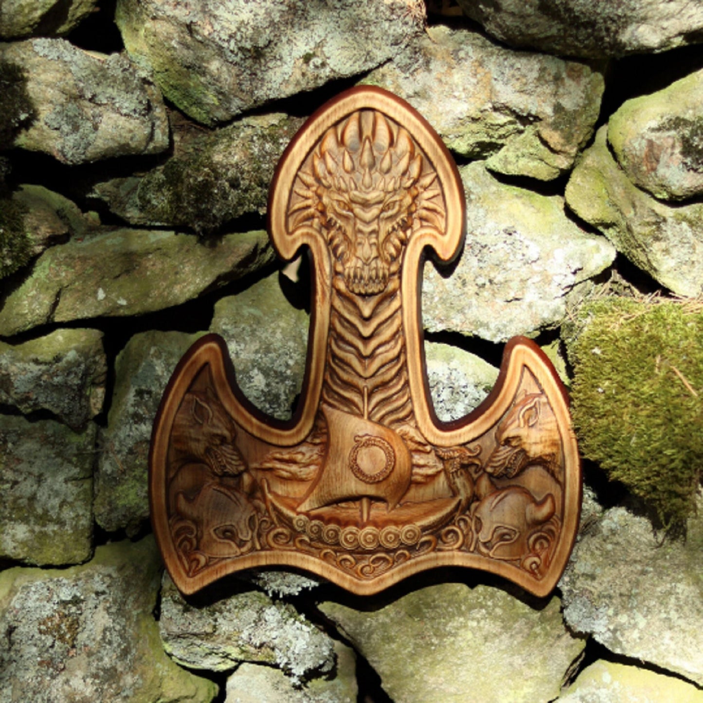 Thors hammer, Mjolnir, Wood carving, Viking decor