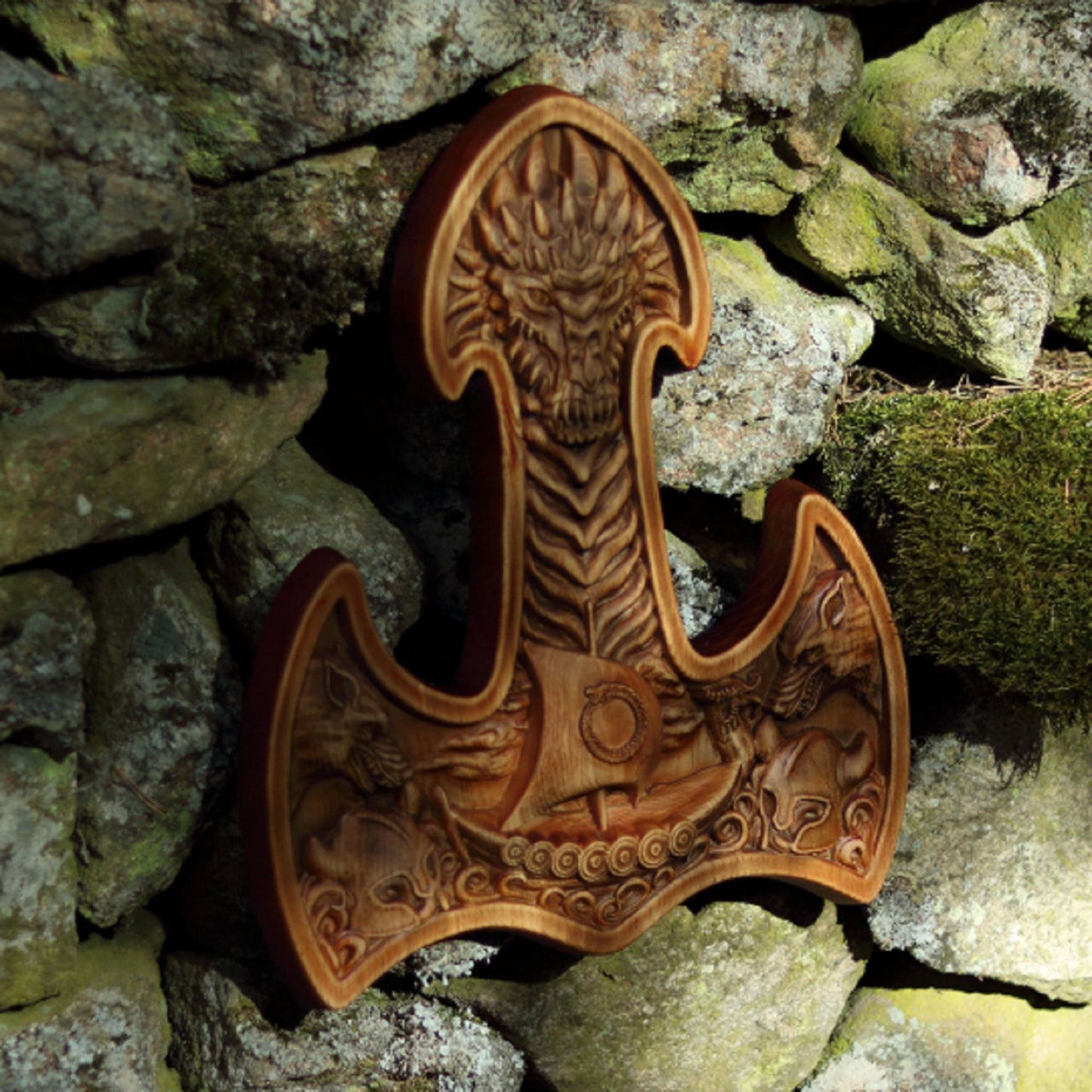 Thors hammer, Mjolnir, Wood carving, Viking decor