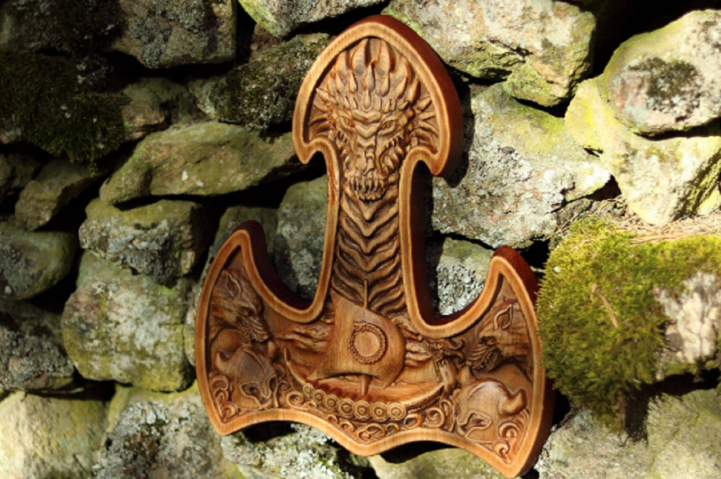 Thors hammer, Mjolnir, Wood carving, Viking decor