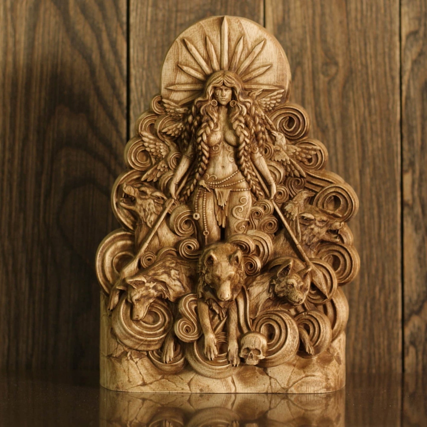 Wooden Morrigan Celtic Goddess Statue