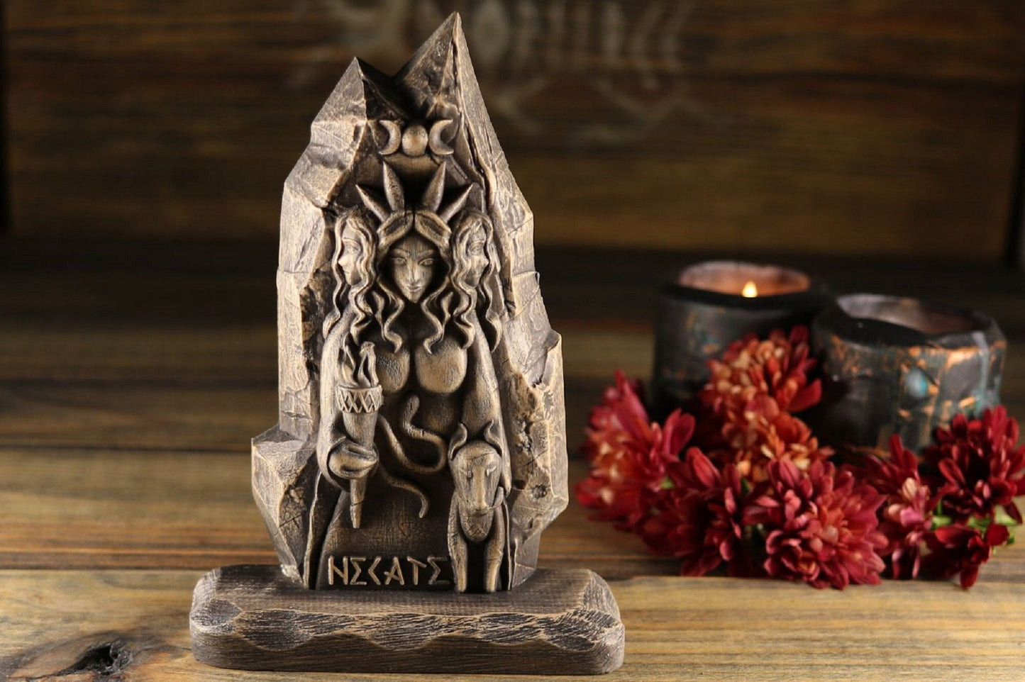 Hecate, Triple goddess statue mini altar, Wooden statue