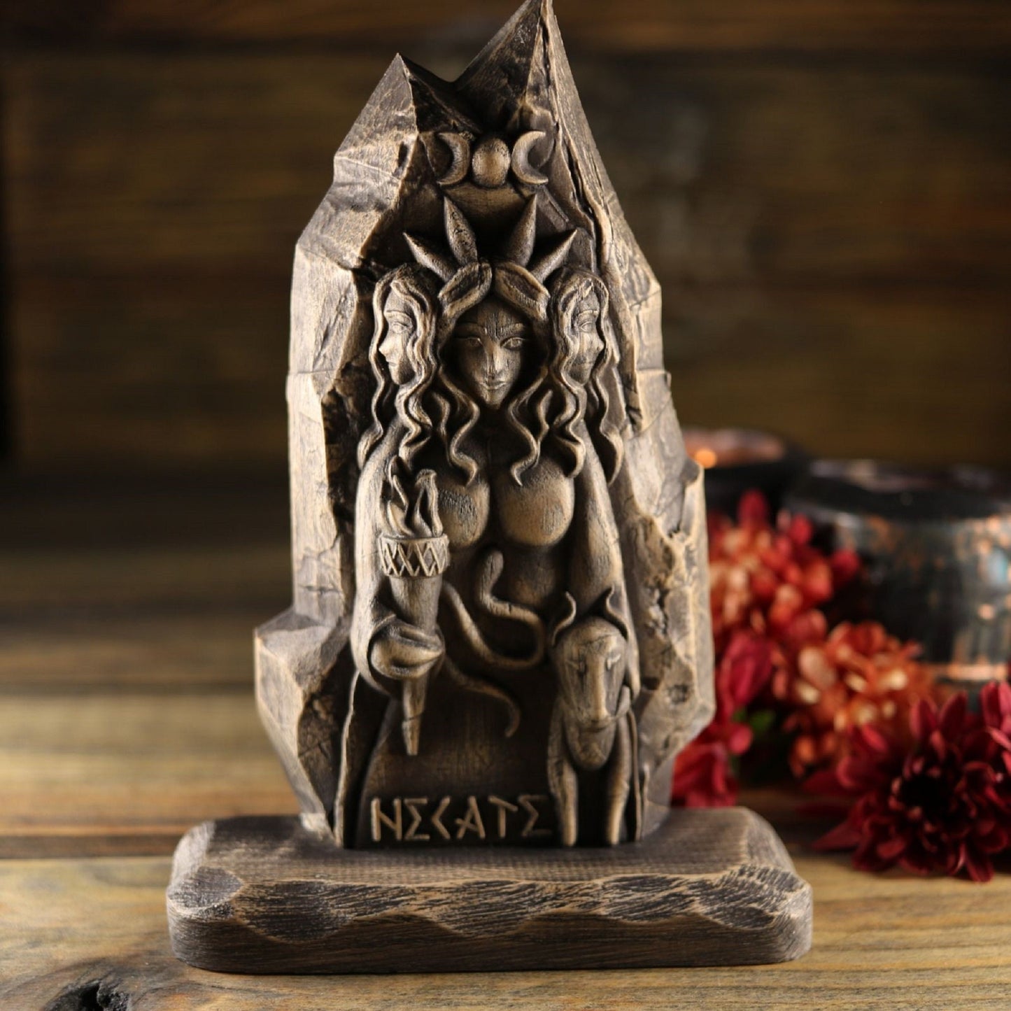 Hecate, Triple goddess statue mini altar, Wooden statue