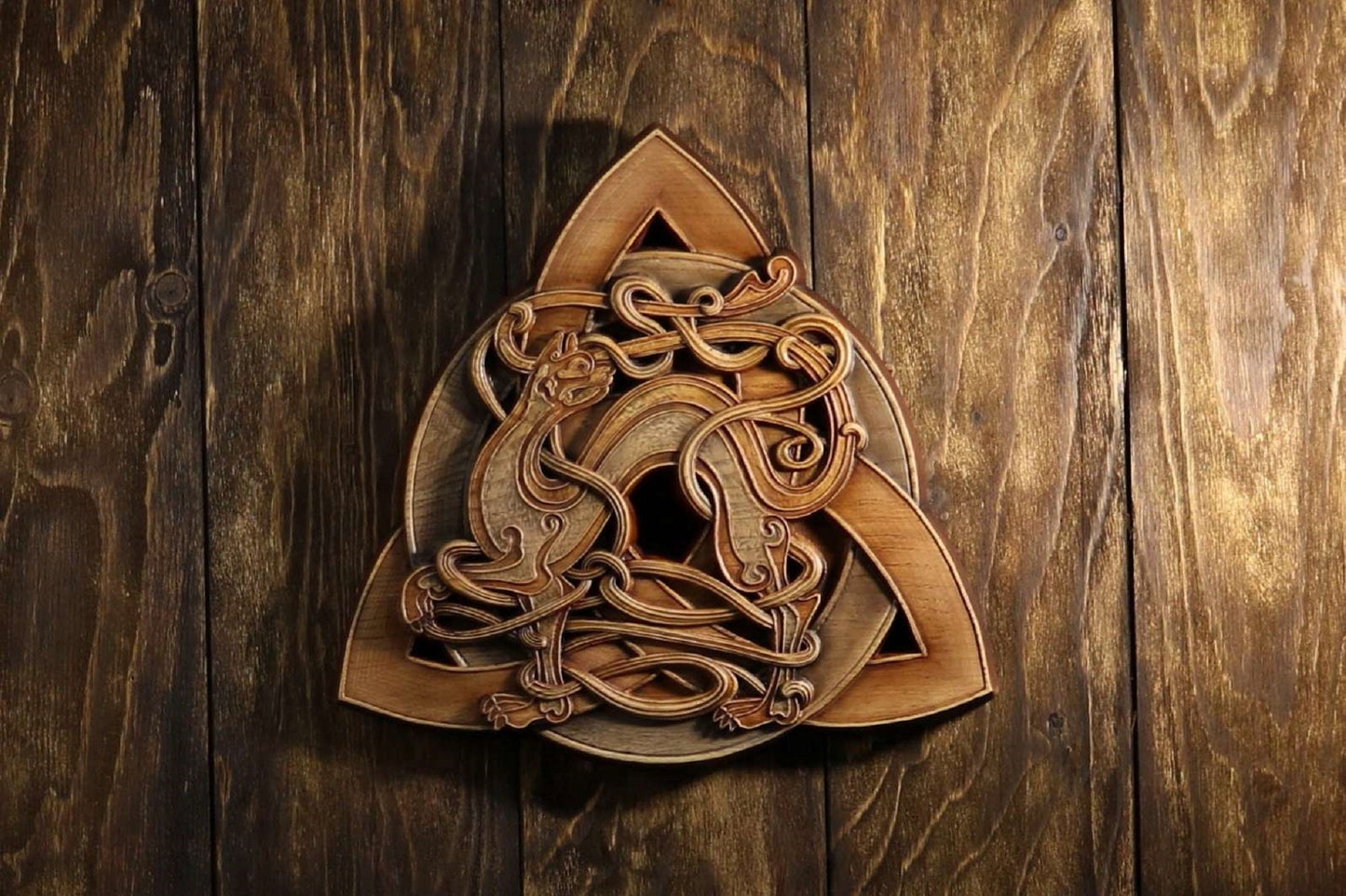 Triquetra, Celtic cat, Carved wood panel, Carved wood wall art
