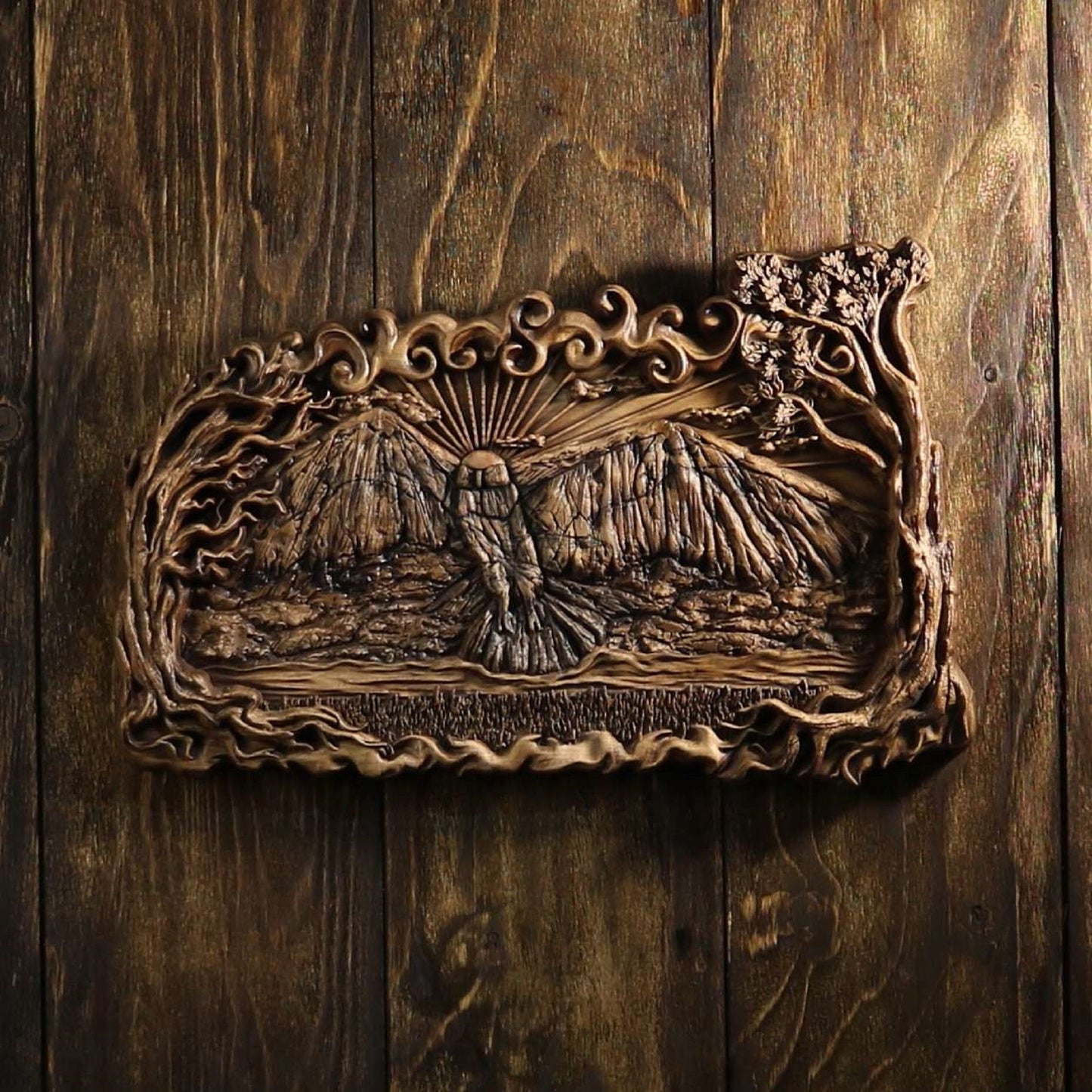 Raven art, Carved wood panel, Wood carving picture, Wood carving
