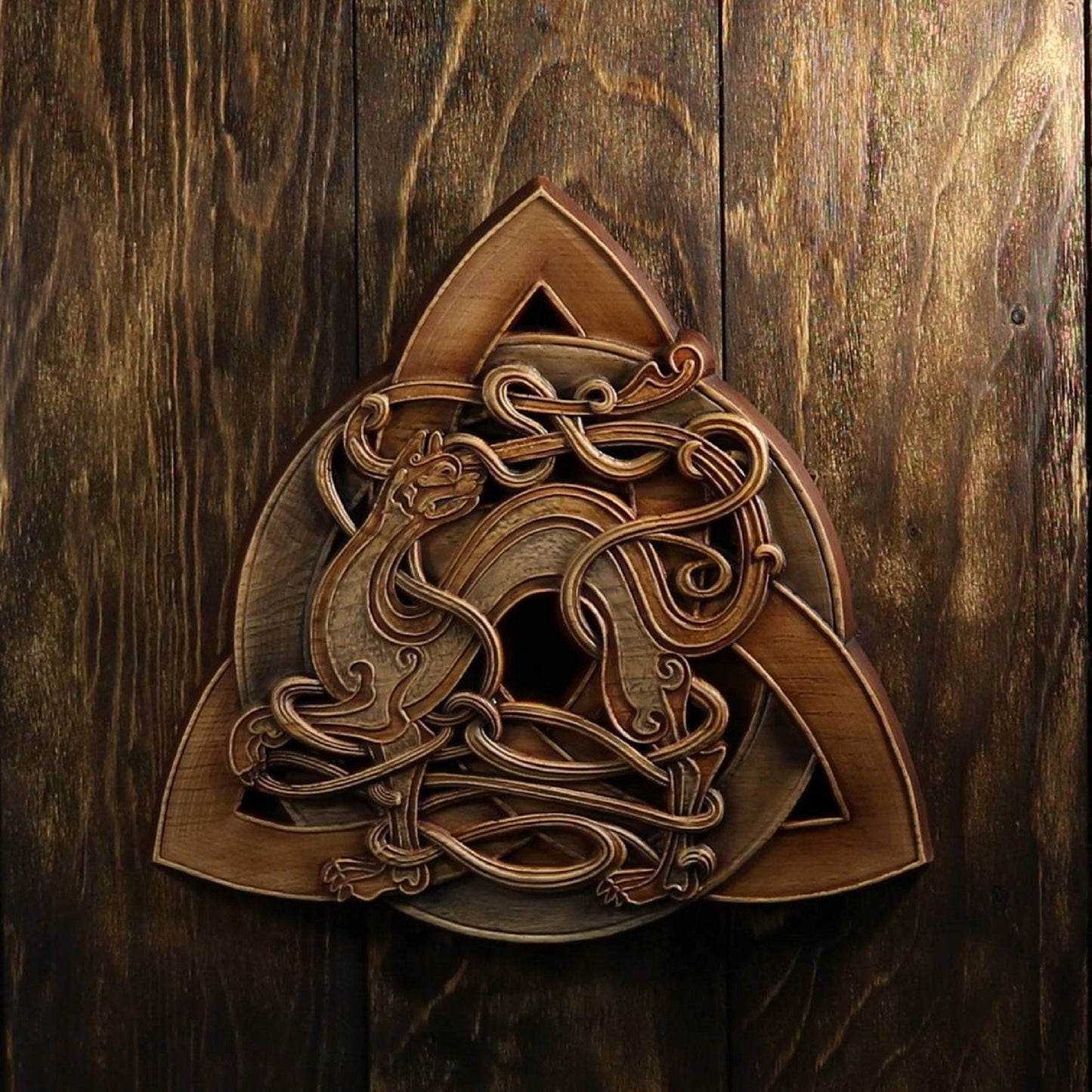 Triquetra, Celtic cat, Carved wood panel, Carved wood wall art