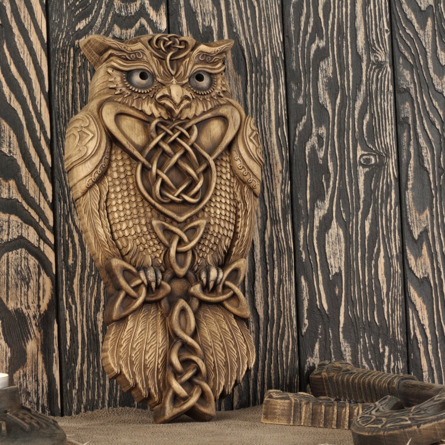 Celtic owl, Viking owl, wall art, Wooden owl