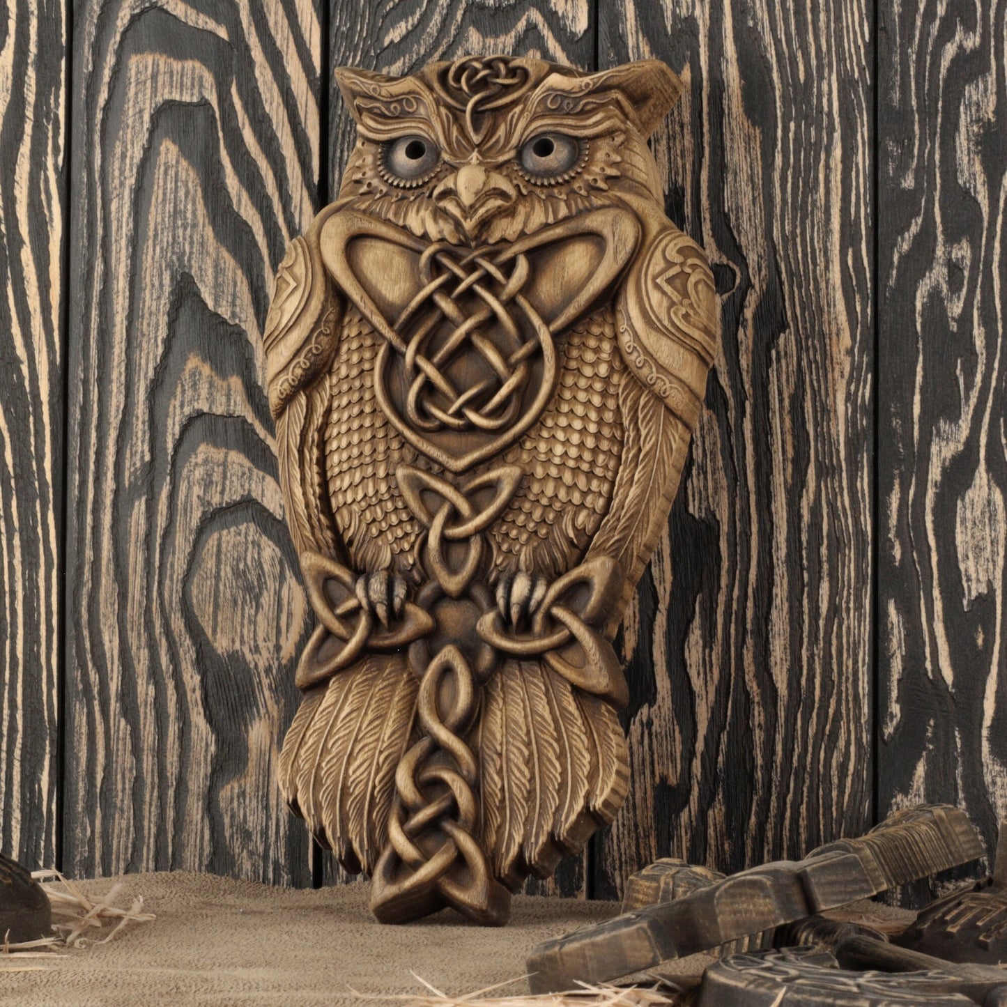 Celtic owl, Viking owl, wall art, Wooden owl