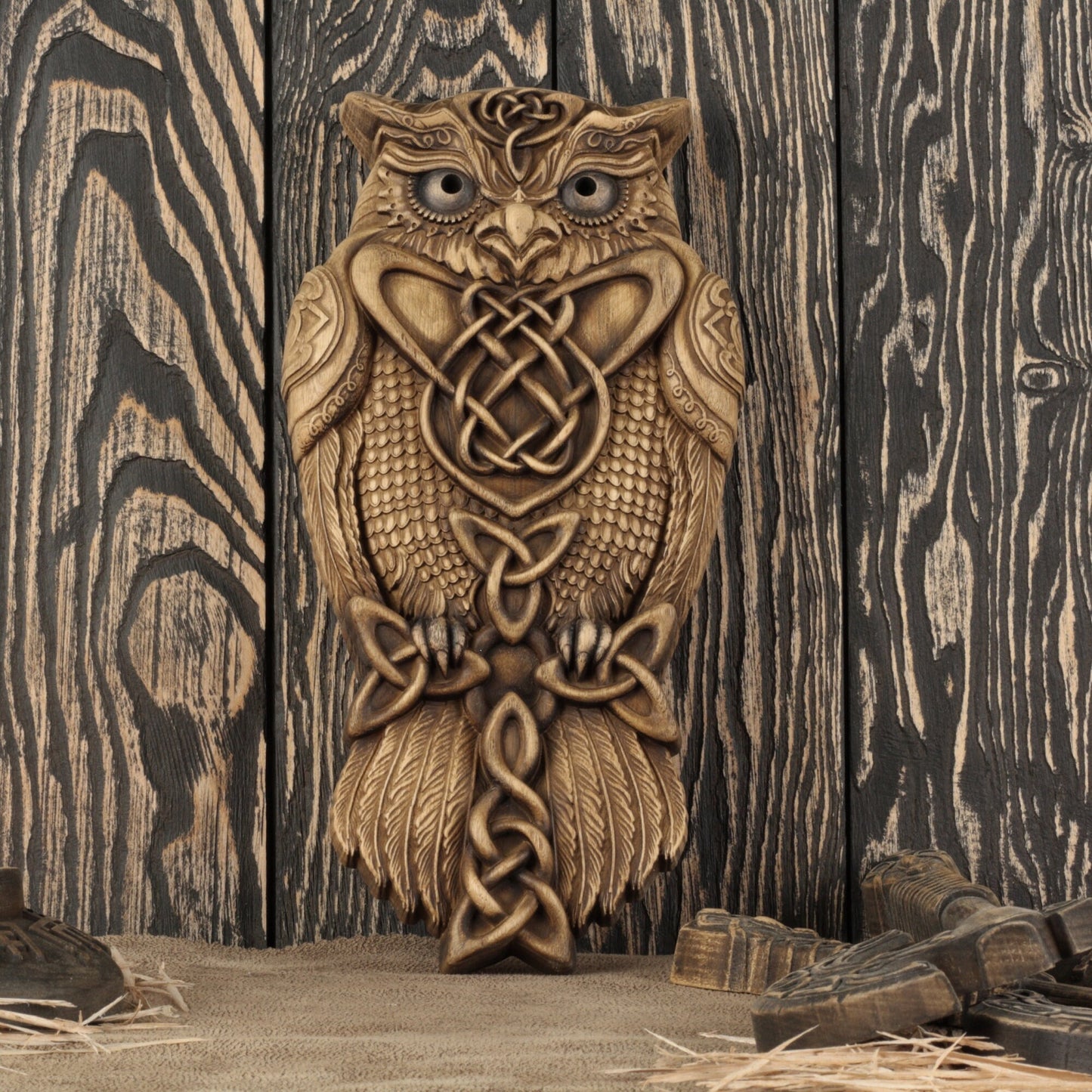 Celtic owl, Viking owl, wall art, Wooden owl