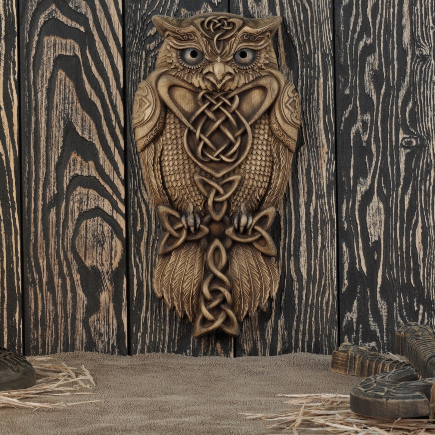 Celtic owl, Viking owl, wall art, Wooden owl