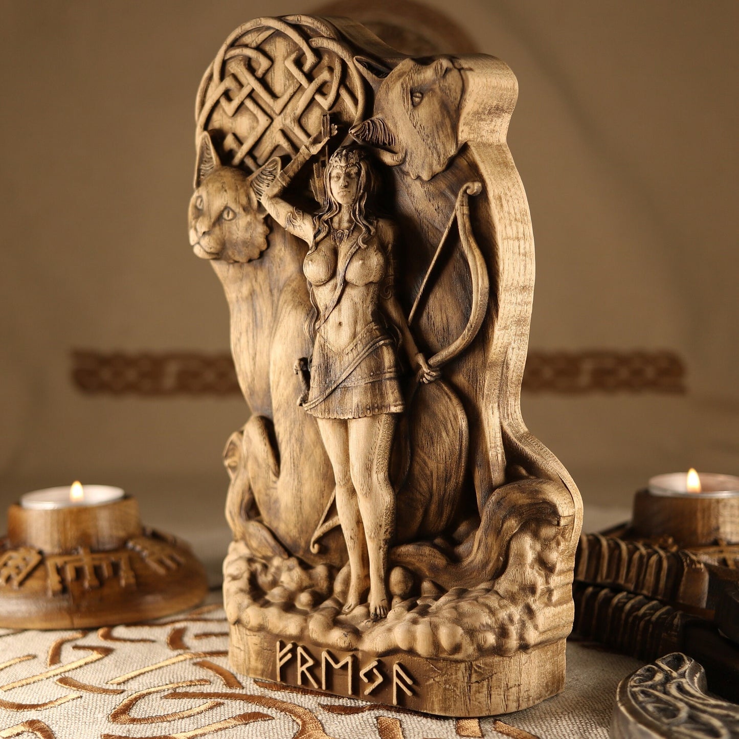 Wood Carving Freya Statue - Wooden Norse Mythology Decor
