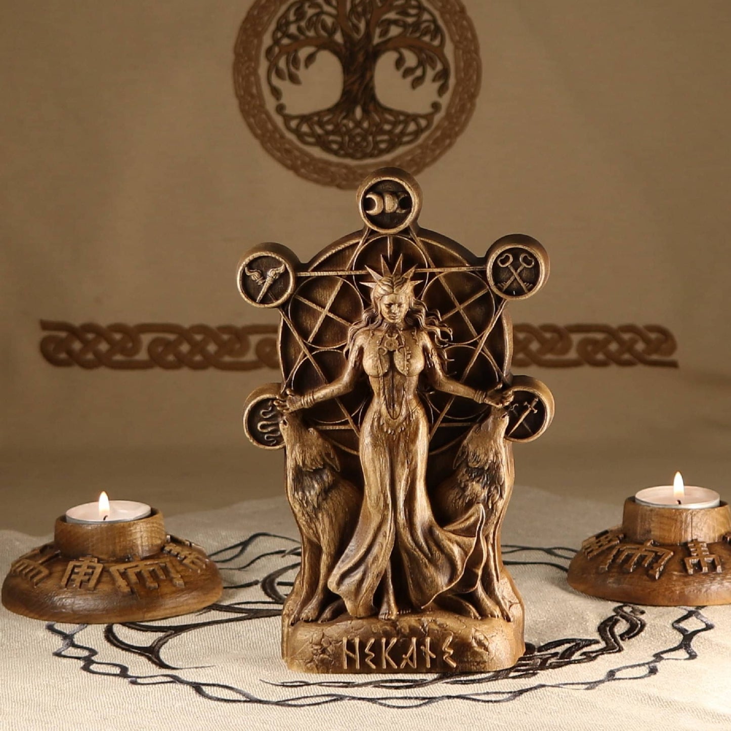 Wooden Hekate Statue - Triple Goddess Sculpture