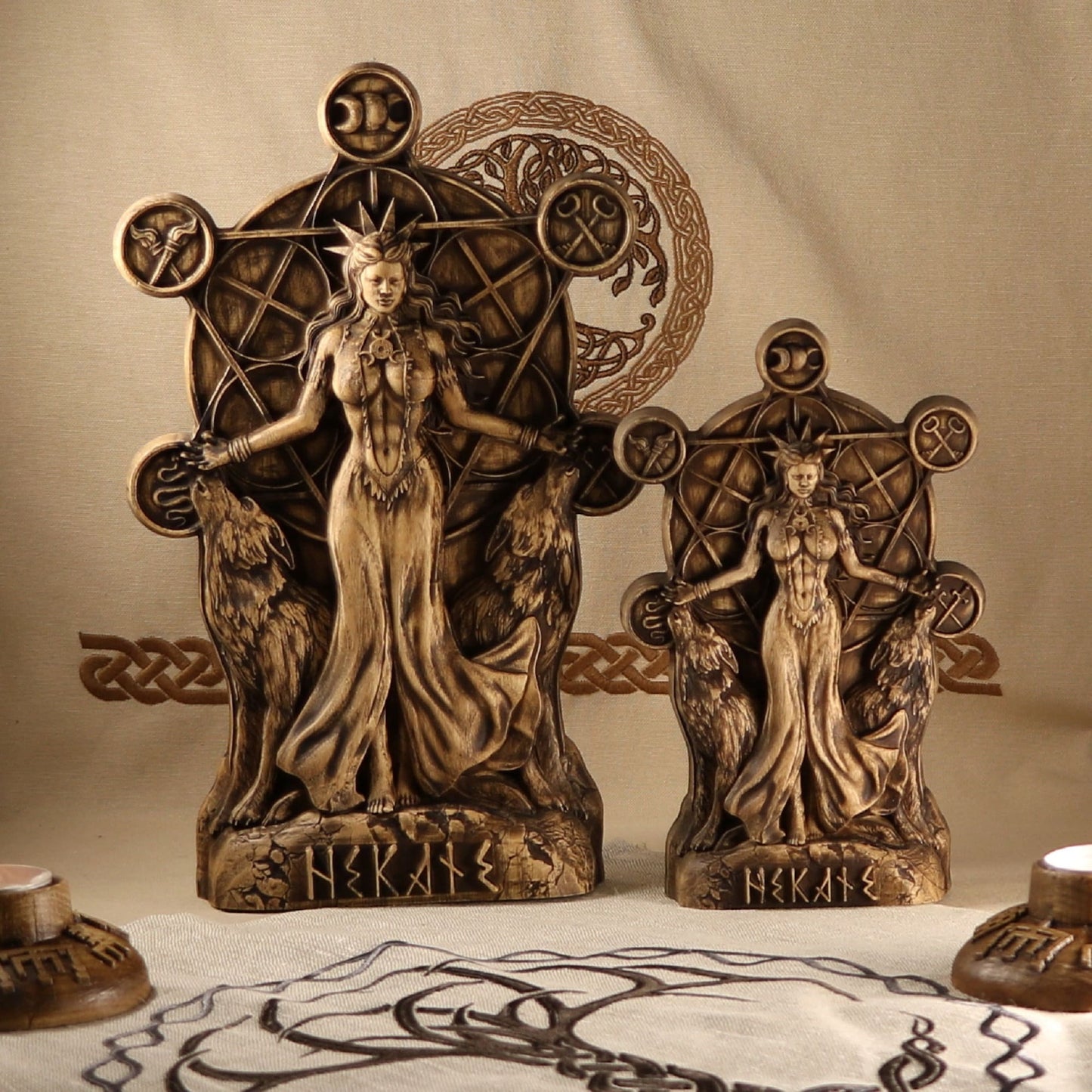 Wooden Hekate Statue - Triple Goddess Sculpture