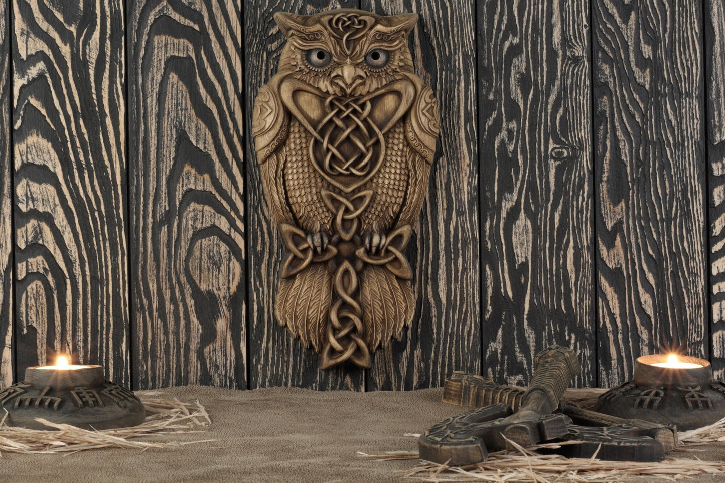 Celtic owl, Viking owl, wall art, Wooden owl