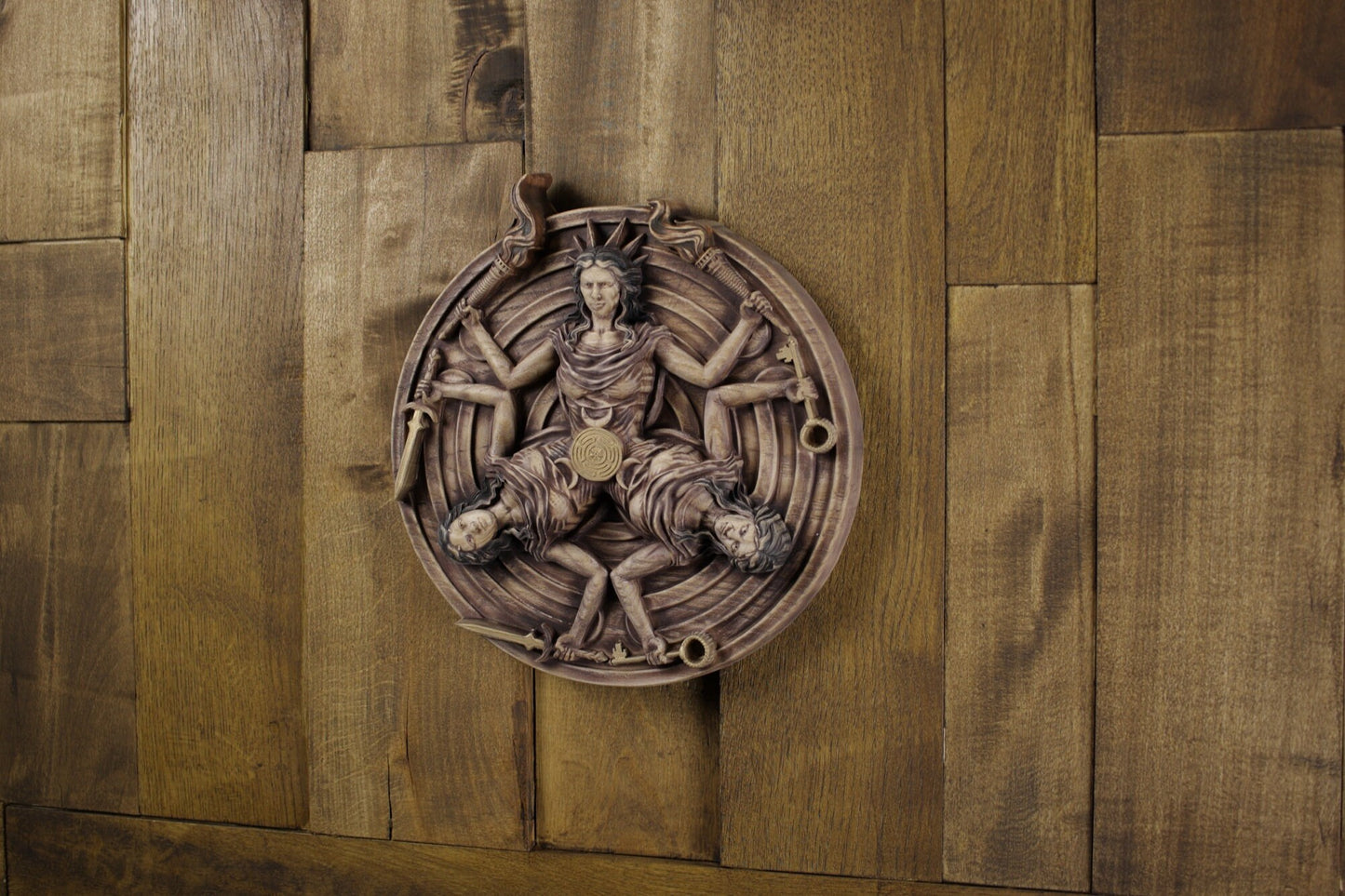 Hekate, Carved wood wall art, Greek mythology decor