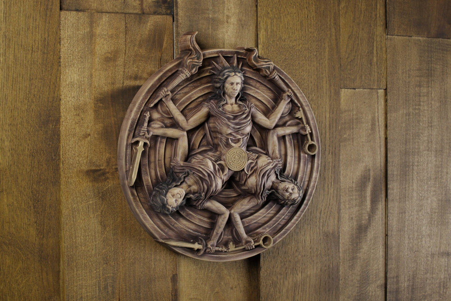 Hekate, Carved wood wall art, Greek mythology decor