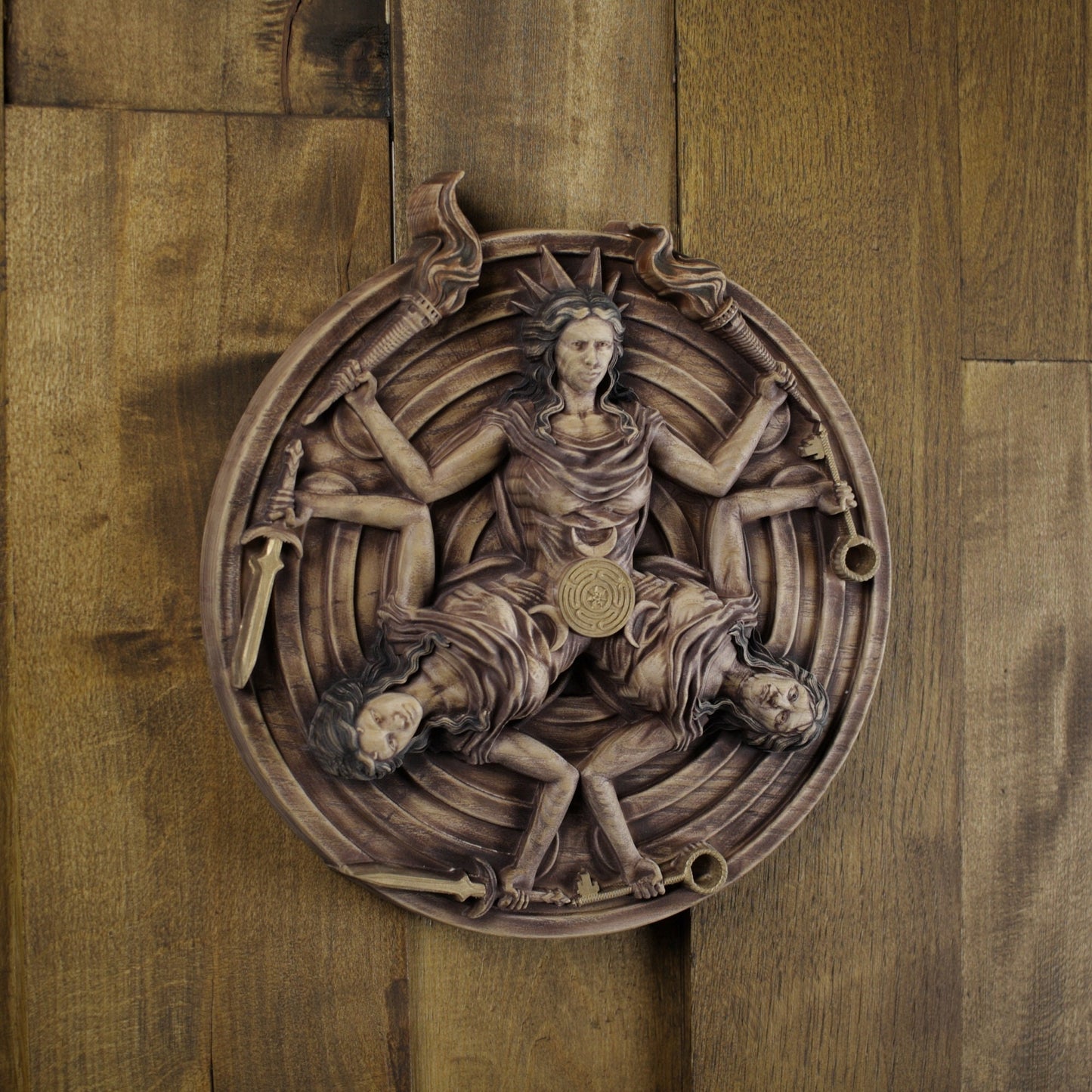 Hekate, Carved wood wall art, Greek mythology decor