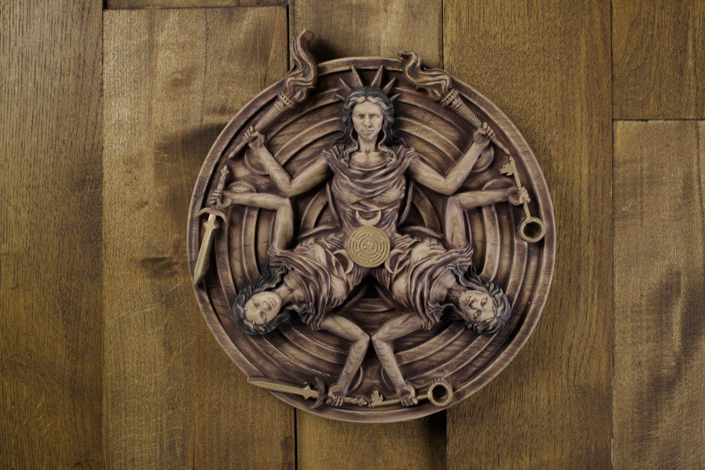 Hekate, Carved wood wall art, Greek mythology decor