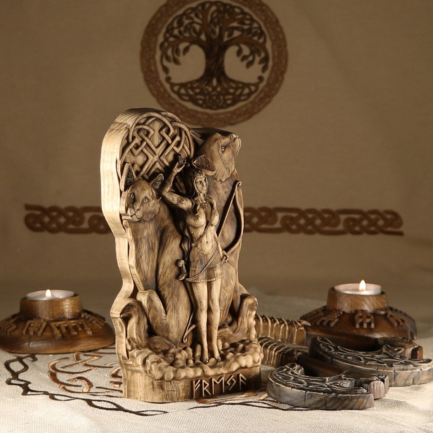 Wood Carving Freya Statue - Wooden Norse Mythology Decor