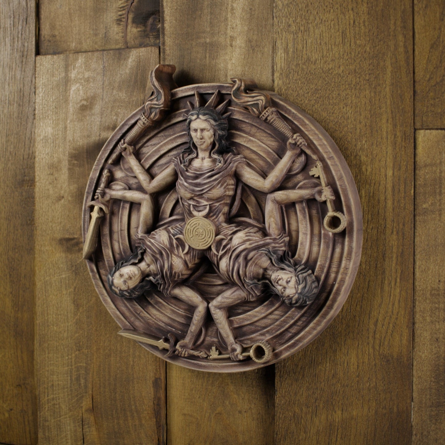 Hekate, Carved wood wall art, Greek mythology decor