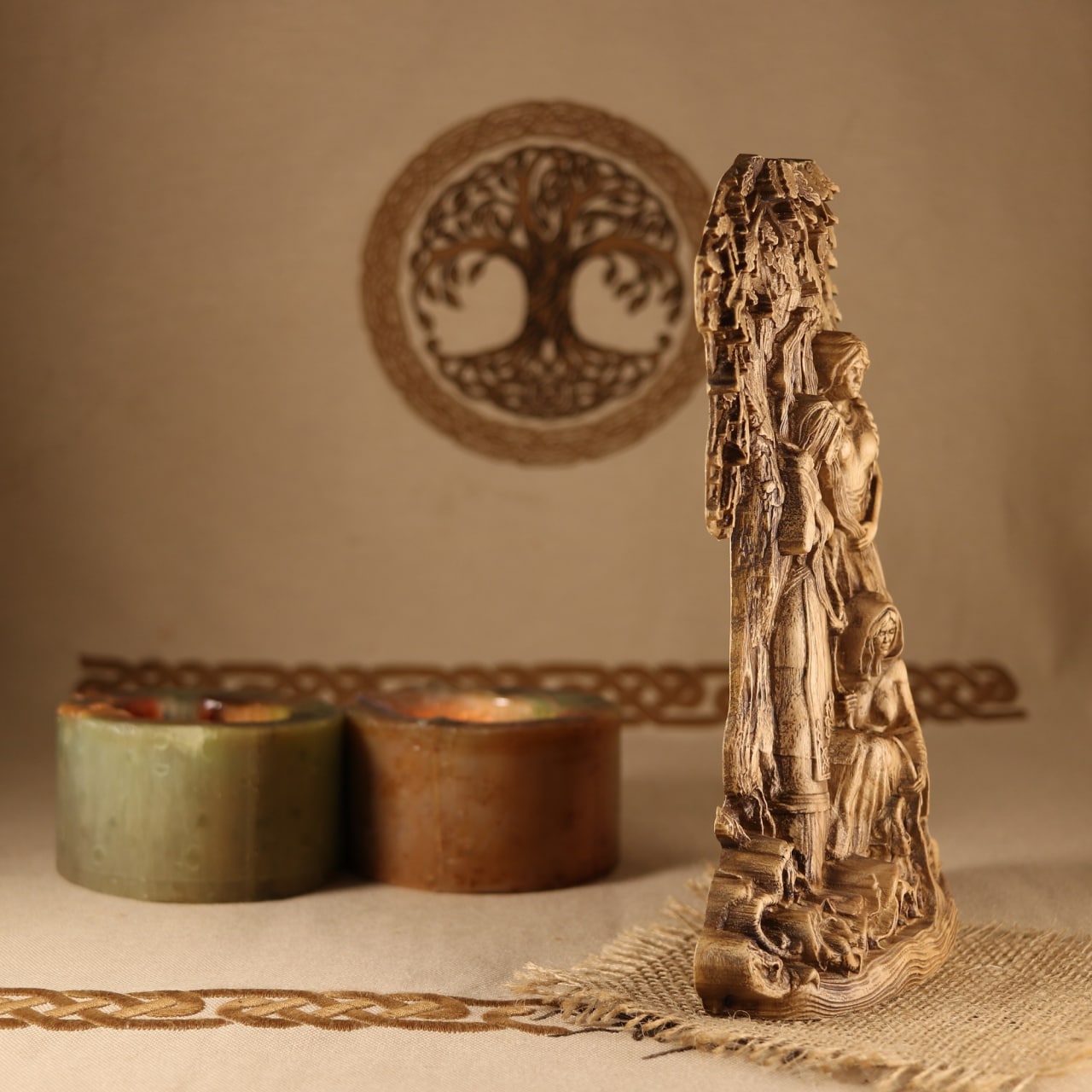 Norns art deco, Norse pagan gods, Hand carved, Wooden statue