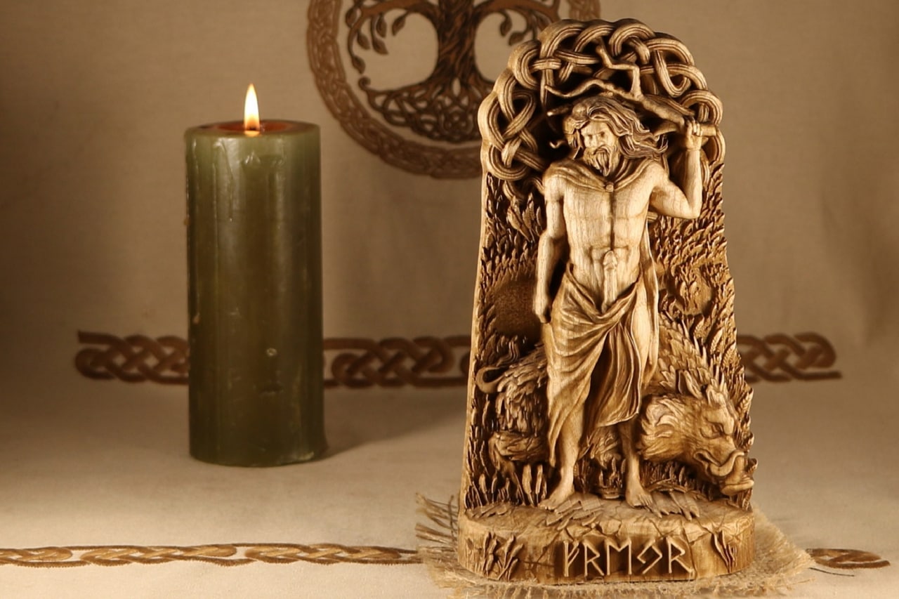 Carved Wooden Freyr Statue - Norse Pagan Decor
