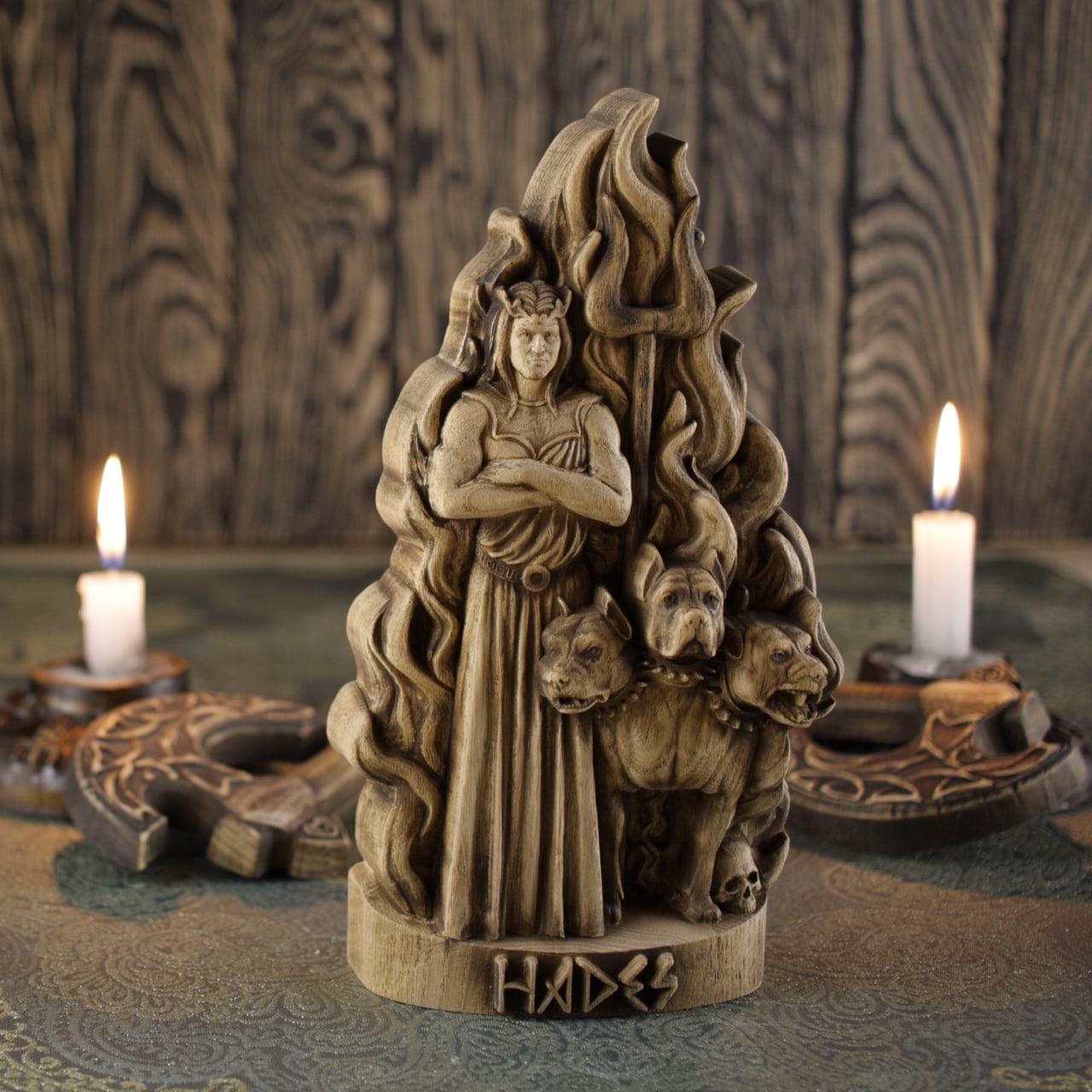 Hades, Greek god statue, Wood carving