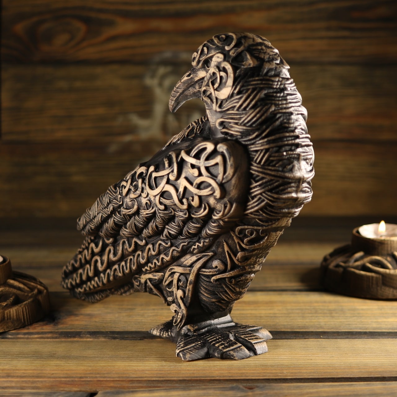 The raven, handmade norse pagan, wooden statue carving