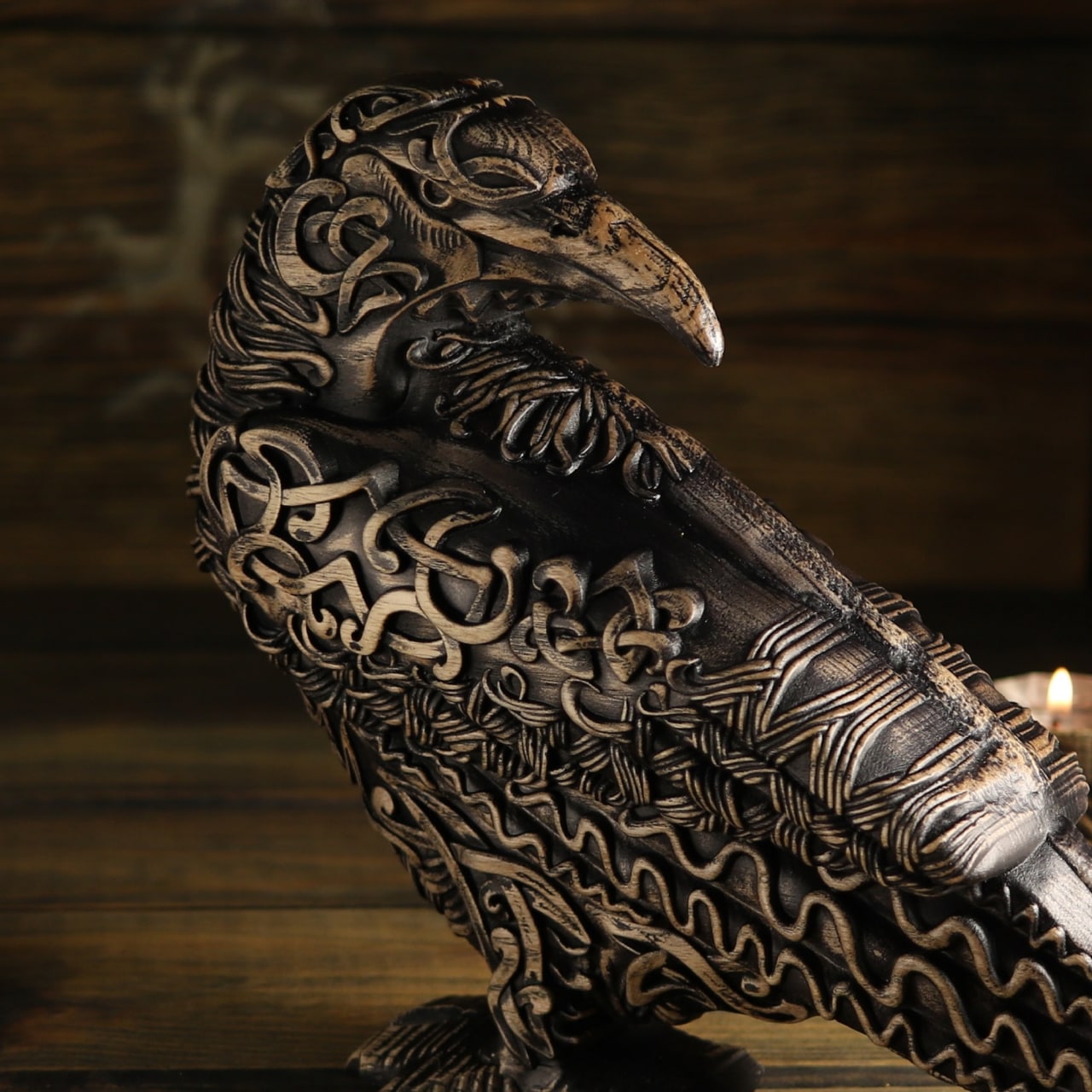 The raven, handmade norse pagan, wooden statue carving