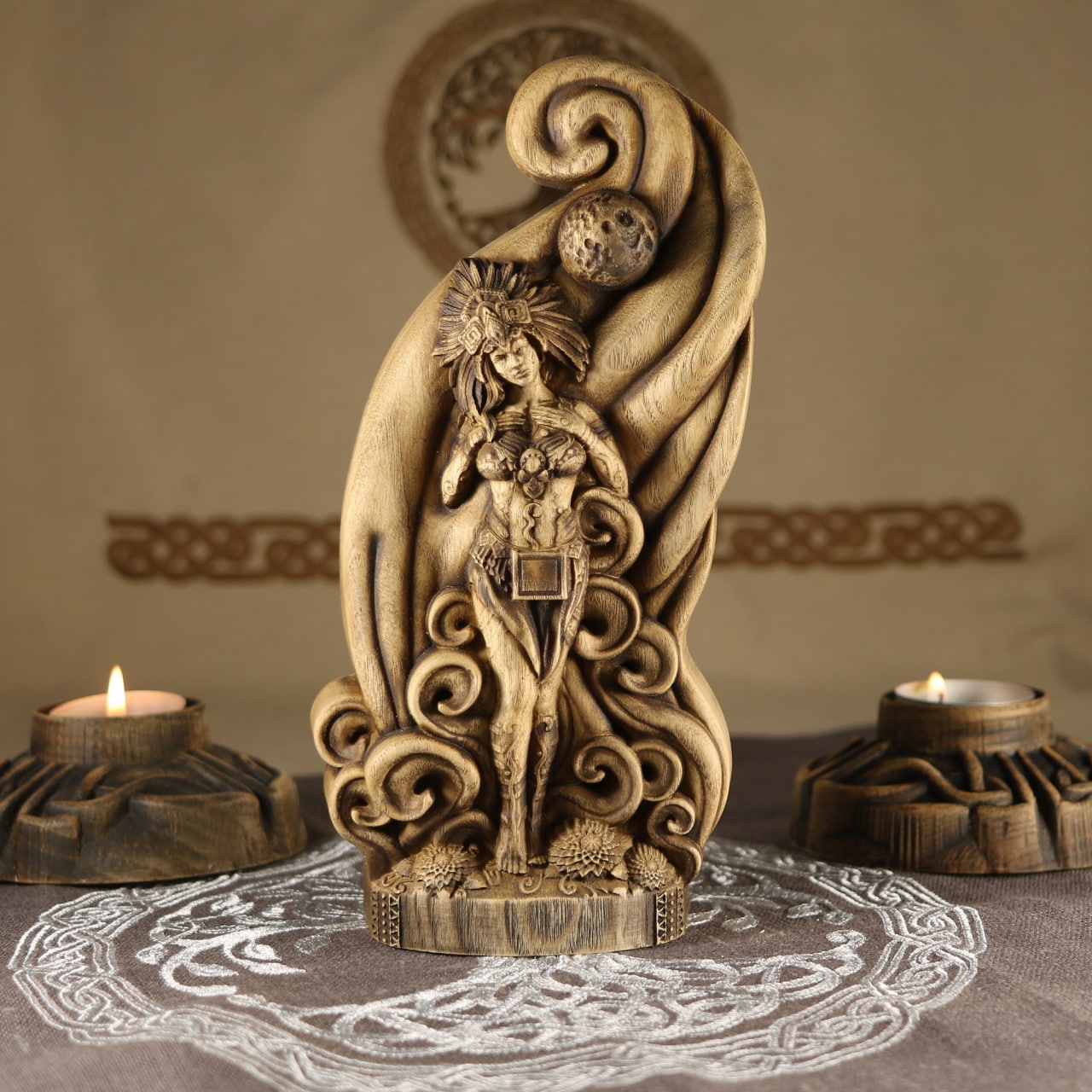 Wooden Xochiquetzal Statue - Aztec Statue Goddess of Fertility, Beauty and Love
