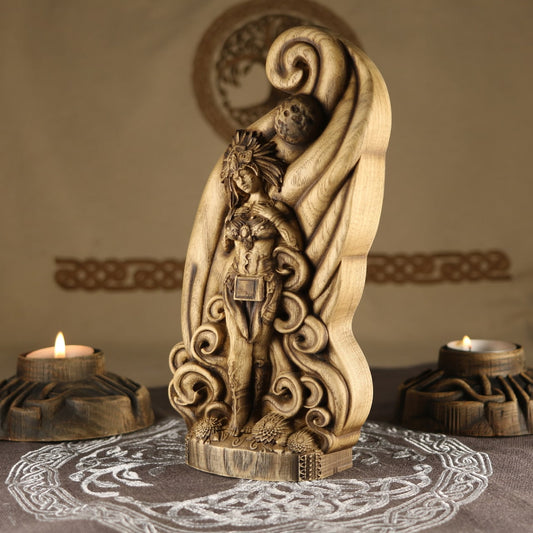 Wooden Xochiquetzal Statue - Aztec Statue Goddess of Fertility, Beauty and Love